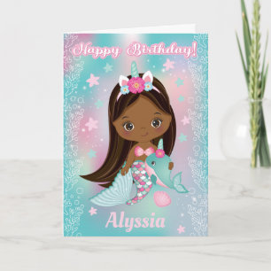 Unicorn Black Mermaid    Happy Birthday Card