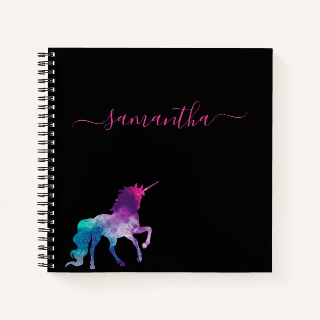 Unicorn black purple pink monogram script notebook (Front)