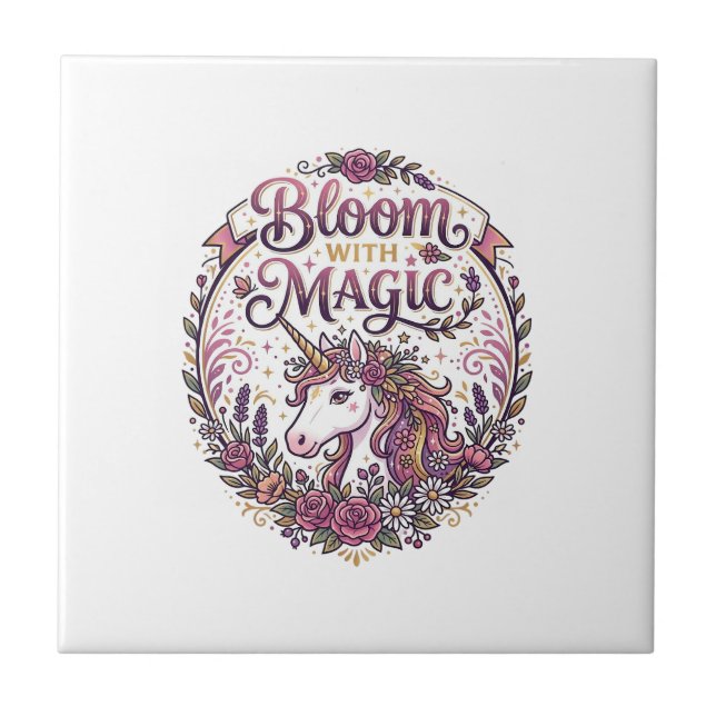 Unicorn Bloom with Magic POD Ready White Backgroun Ceramic Tile (Front)