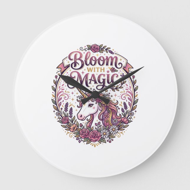 Unicorn Bloom with Magic POD Ready White Backgroun Large Clock (Front)