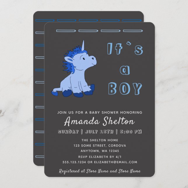 Unicorn Blue Baby Boy Shower Invitation Card (Front/Back)