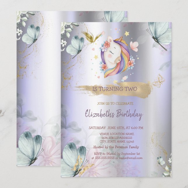 Unicorn Blue Butterflies Violet Metallic Birthday  Invitation (Front/Back)