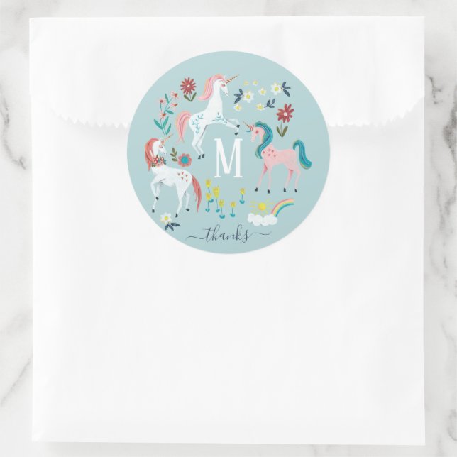 Unicorn blue cute magical girls monogram birthday classic round sticker (Bag)