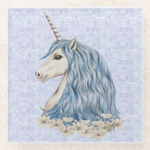Unicorn Blue Hair Glass Coaster