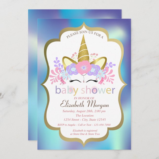 Unicorn,Blue Holographic Baby Shower Invitation (Front/Back)
