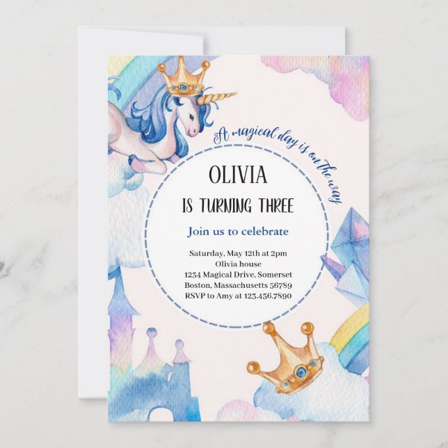 unicorn blue pastel birthday invitation (Front)