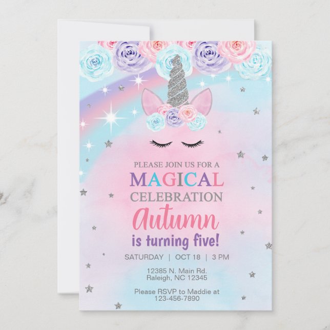 Unicorn blue pink purple silver birthday invite. invitation (Front)