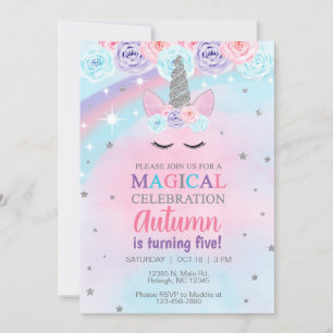 Unicorn blue pink purple silver birthday invite. invitation