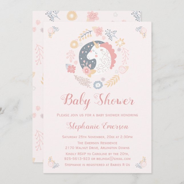 Unicorn Blush Florals Baby Shower Invitations (Front/Back)
