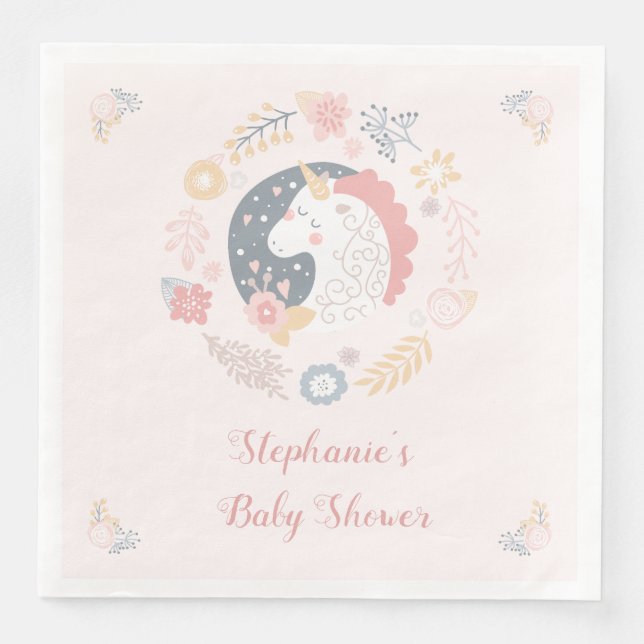 Unicorn Blush Florals Baby Shower Personalised Napkin (Front)