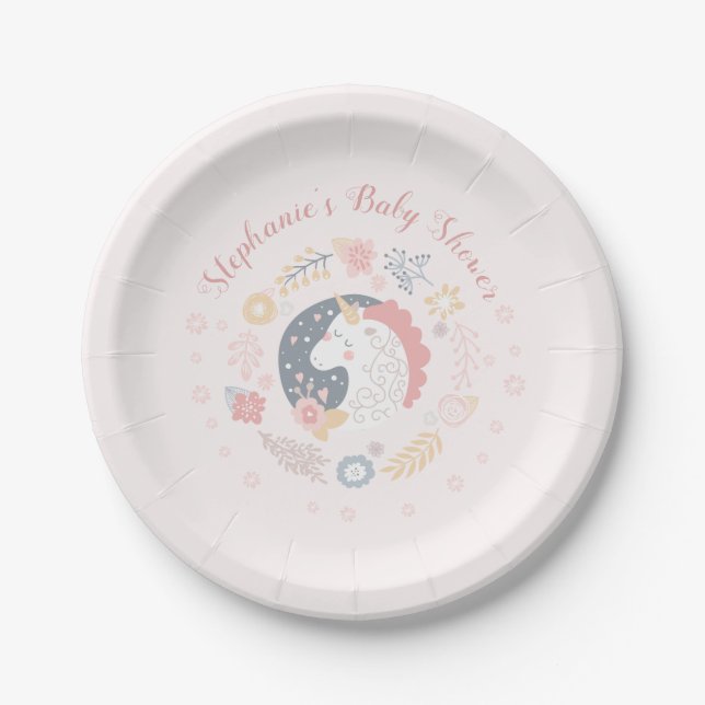Unicorn Blush Florals Baby Shower Personalised Paper Plate (Front)