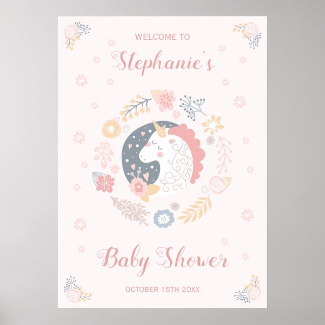Unicorn Blush Florals Baby Shower Personalised Poster (Front)