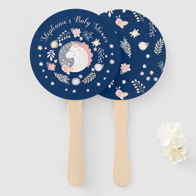 Unicorn Blush & Navy Baby Shower Personalised Hand Fan (Front and Back)