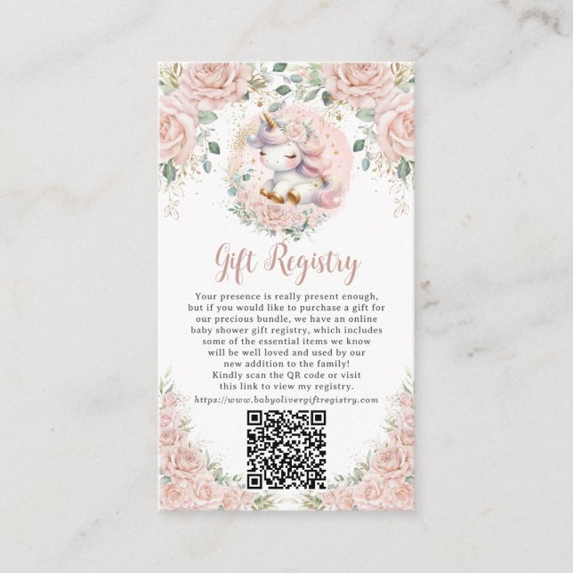 Unicorn Blush Pink Floral Gift Registry QR Code Enclosure Card (Front)
