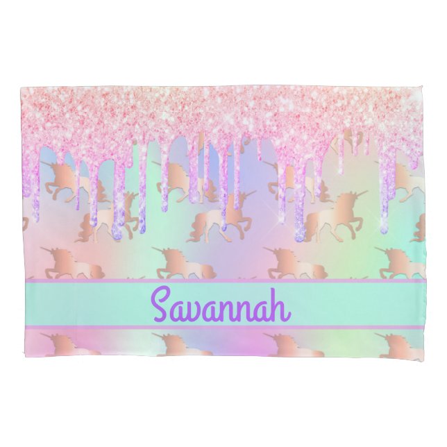 Unicorn blush pink glitter drips monogram pillowcase (Front)