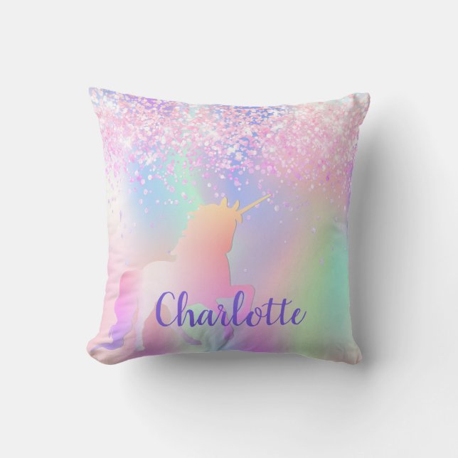 Unicorn blush pink purple glitter name script cushion (Front)