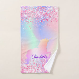 Unicorn blush pink purple name girl bath towel set