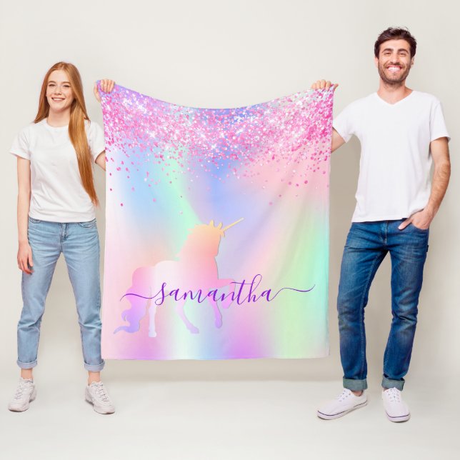 Unicorn blush pink purple name script fleece blanket (In Situ)