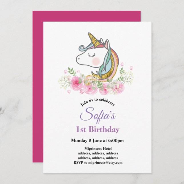 unicorn, boho, floral birthday party invitation (Front/Back)