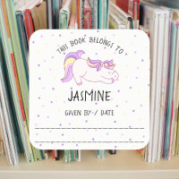 Unicorn book sticker, bookplate, library