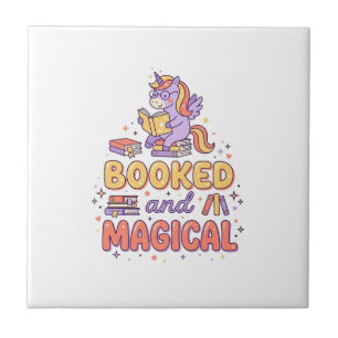 Unicorn Booked and Magical Print Ready White Backg Ceramic Tile