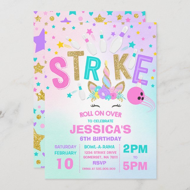 Unicorn Bowling Invitation Bowling Birthday Party (Front/Back)