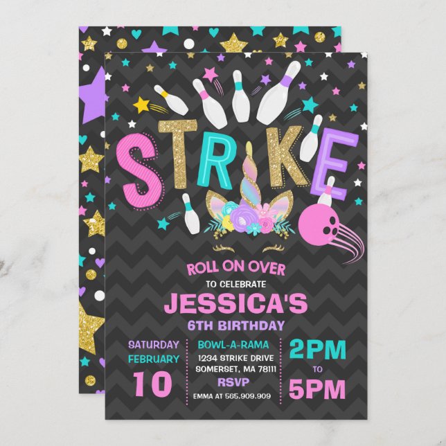 Unicorn Bowling Invitation Bowling Birthday Party (Front/Back)