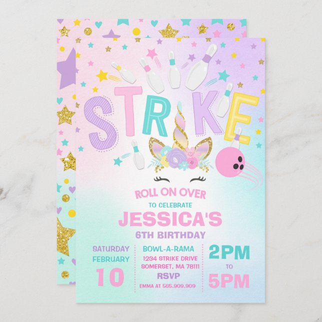 Unicorn Bowling Invitation Bowling Birthday Party (Front/Back)