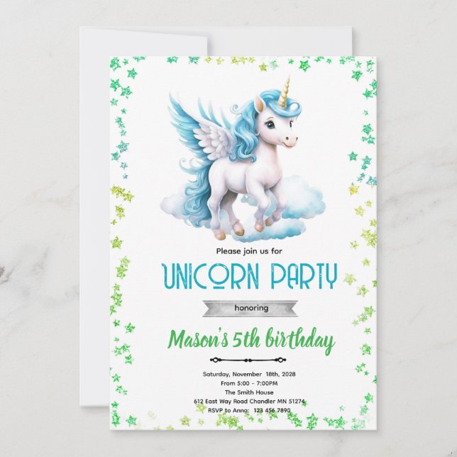Unicorn boy birthday party invitation (Front)