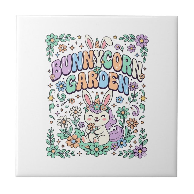 Unicorn Bunnycorn Garden Kawaii Typography Design_ Ceramic Tile (Front)