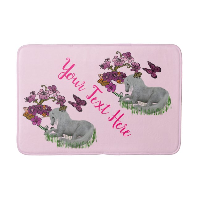 Unicorn Butterflies And Flowers Personalised  Bath Mat (Front)