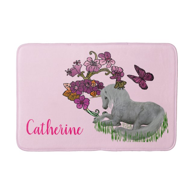 Unicorn Butterflies And Flowers Personalised   Bath Mat (Front)