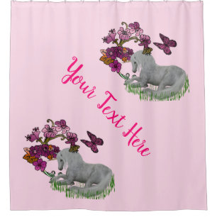 Unicorn Butterflies And Flowers Personalised Shower Curtain
