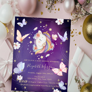 Unicorn Butterflies Glitter Violet Baby Shower Invitation