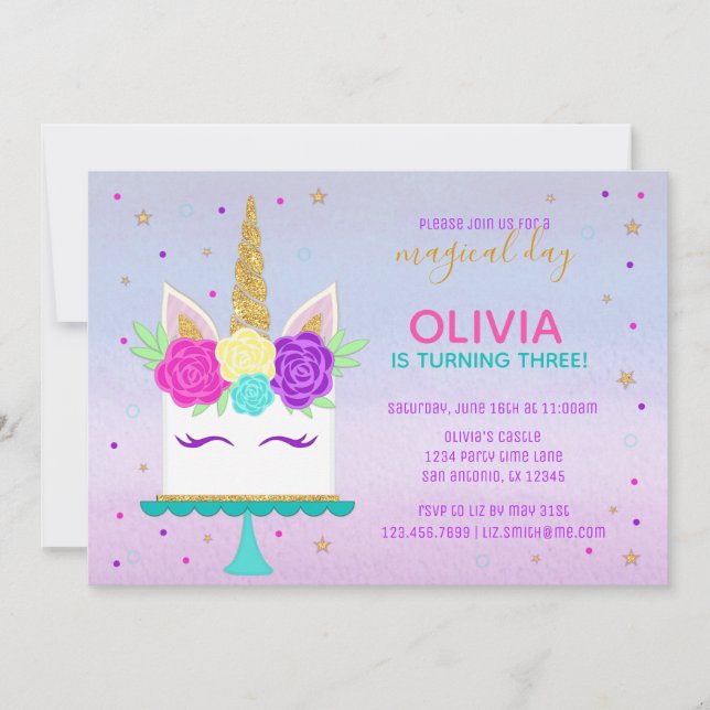 Unicorn Cake Birthday Invitation Pink Purple Gold (Front)