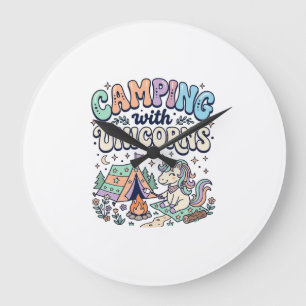 Unicorn Camping with Unicorns Kawaii Sticker and S Large Clock