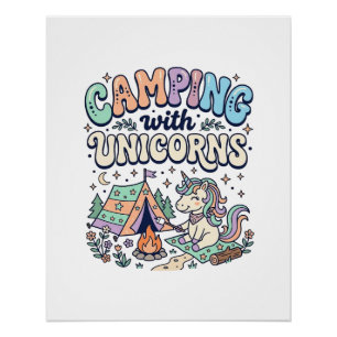 Unicorn Camping with Unicorns Kawaii Sticker and S Poster