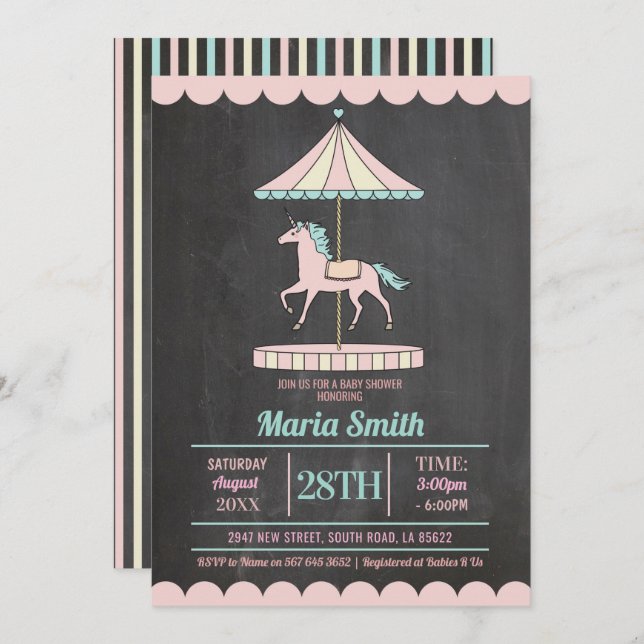 Unicorn Carousel Baby Shower Invite Girl Pink (Front/Back)