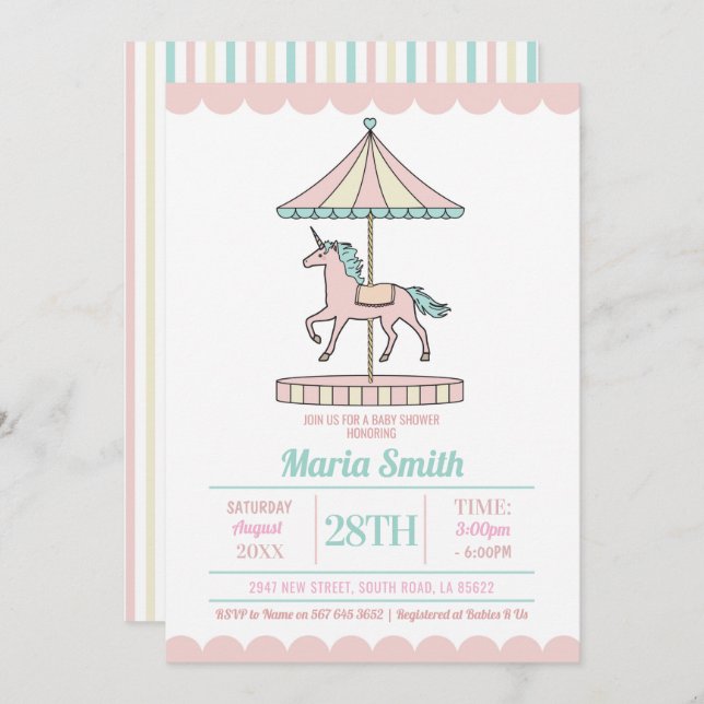 Unicorn Carousel Baby Shower Invite Pink Mint (Front/Back)