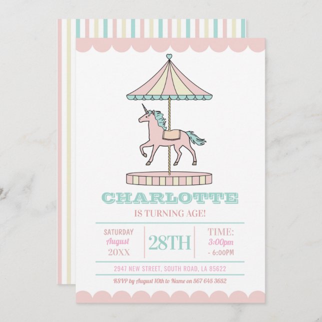 Unicorn Carousel Birthday Invitation Pink Mint (Front/Back)