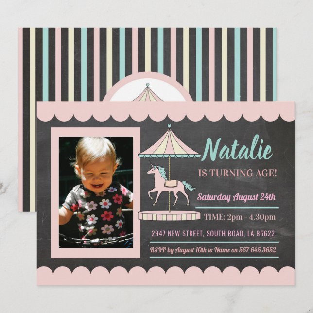 Unicorn Carousel Birthday Invite Pink Photo Chalk (Front/Back)