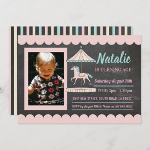 Unicorn Carousel Birthday Invite Pink Photo Chalk