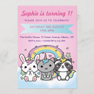 Unicorn Cartoon Animals Pastel Girls 1st Birthday Invitation