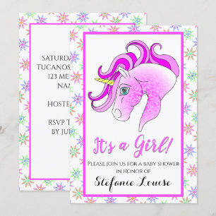 Unicorn Cartoon Purple Dapple It's a Girl! Invitation