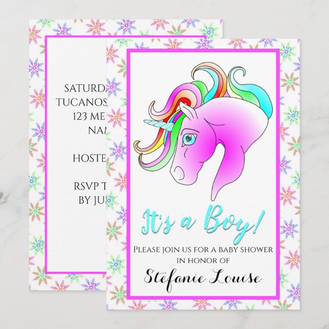 Unicorn Cartoon Rainbow It's a Boy! Invitation (Front/Back)