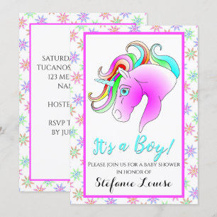 Unicorn Cartoon Rainbow It's a Boy! Invitation