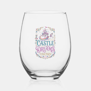 Unicorn Castle Dreams Unicorn White Background Pri Stemless Wine Glass