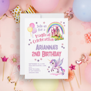Unicorn Castle Little Girl's 2nd Birthday  Invitation