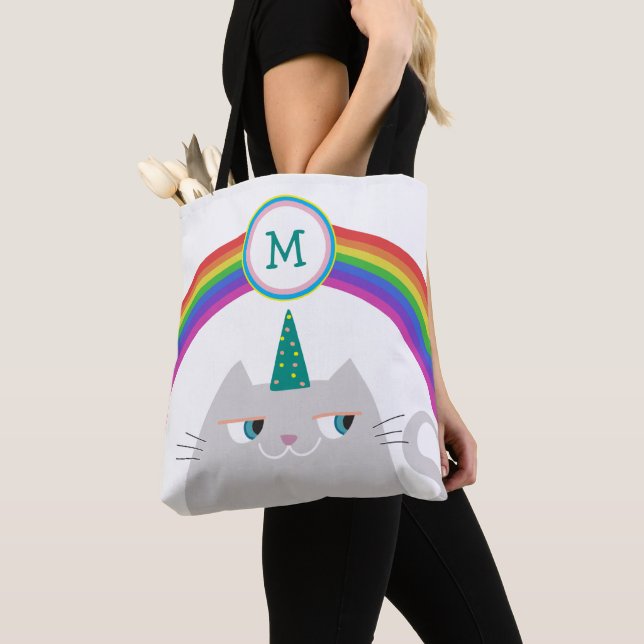 Unicorn Cat and Rainbow Initial Tote Bag (Close Up)