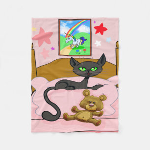 Unicorn, cat, and teddy bear fleece blanket